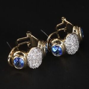 Sterling Silver - Blue Sapphire & White CZ Pave Gold J-Hoop Post Earrings 12 G